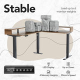 HUANUO Electric L Shaped Stadning Desk with LED Strip & Power Outrlets, 63" x 55" 2-Tier Height Adjustable Sit Stand up Desk with Power Strip Holder, Ergonomic Corner Computer Table, Walnut HUANUO