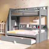 Merax Twin Over Full Bunk Bed Frame with Trundle & Storage Staircase, Wood Platform Bed with Storage Shelves & Guardrail & Charging Station for Bedroom Dorm Guest Room, No Box Spring Needed, Gray Merax