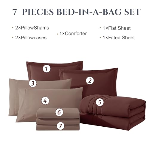 Monbix Queen Comforter Set - 7 Pieces Dark Red Bed in a Bag Queen Bedding Sets with Comforters, All Seasons Comforter Bed Set with Sheets, Pillowcases & Shams Monbix