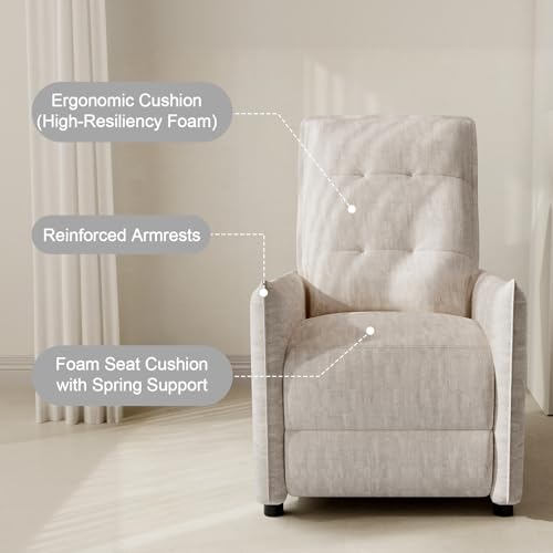 Chenille Fabric Recliner Chair for Adults - Manual Push Back Reclining Sofa with Sturdy Metal Frame, Overstuffed High-Density Foam, Adjustable Footrest for Living Room, Home Theater (Beige)