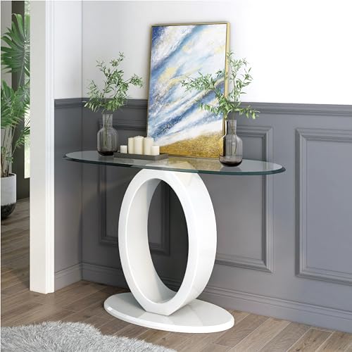 Furniture of America Modine 47" Long Contemporary Console Tables, Modern Furniture, Beveled Tempered Glass, O-Shaped High Gloss Pedestal, for Entryway, Hallway, Living Room, White Furniture of America