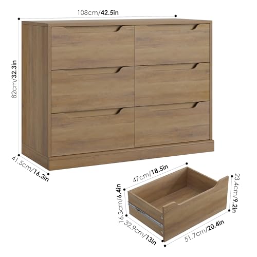 HOSTACK Modern 6 Drawer Dresser for Bedroom, Double Chest of Drawers with Storage, Large Wooden Storage Dresser Organizer with Cut-Out Handle, Accent Storage Cabinet for Living Room, Rustic Brown HOSTACK