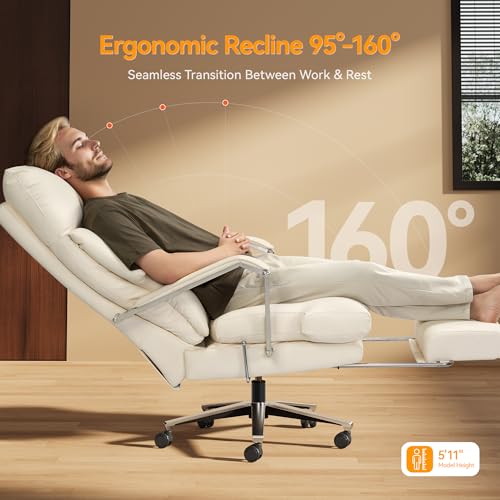 OKUP M76 160° Reclining Office Chair with Footrest, 10" Thick Cloud Cushion Executive Desk Chair, Extra Wide Cross-Legged Ergonomic Chair for Big and Tall, Adjustable Seat Depth, Easy Assembly, Cream OKUP