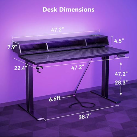 OffiGo Gaming Standing Desk with LED Light, 48 Inch Electric Height Adjustable Table with Power Outlet & Floating Monitor Stand, Sit Stand Computer Workstation for Home, Bedroom, Black OffiGo