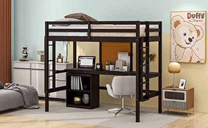 DEYOBED Espresso Wooden Twin Size Loft Bed with Desk, Writing Board, and Drawers