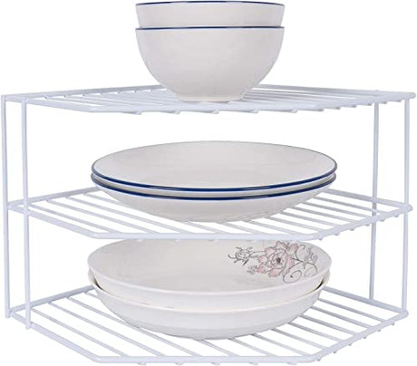 JBESUHI 3-Tier Corner Shelf Counter and Cabinet Organizer -Countertop Organizer - Cabinet Corner Rack for Plate - Cabinet & Pantry Kitchen Organization (White) JBESUHI