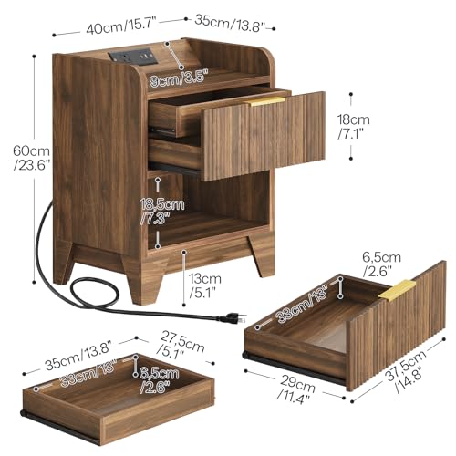HOOBRO Fluted Nightstand with Charging Station, End Table with Hidden Drawer, Modern Bedside Table, Wooden Night Stand for Bedroom, Study, Dark Walnut WL351UBZ01 HOOBRO