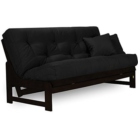 Nirvana Futons Arden Dark Espresso (Near Black) Futon Set Full or Queen Size - Armless Wood Futon Frame with Mattress Included (Twill Black), Sofa Bed Sleeper Nirvana Futons