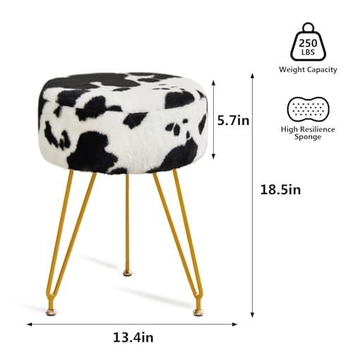 Velvet Vanity Stool Chair, Modern Ottoman Foot Rest Stool with Adjustable Golden Legs, Makeup Chair for Vanity, Multifunctional Makeup Stool for Vanity, Small Vanity Chair for Bedroom, Cow - WoodArtSupply