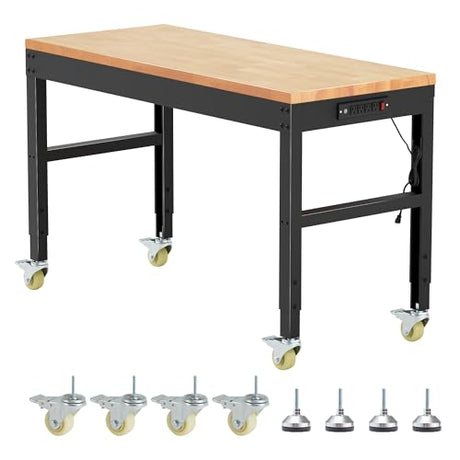 Hombanyan Heavy Duty Workbench Adjustable, Solid Wood Working Bench, Work Tables with Power Outlets for Home Office, 2000 Lbs Capacity (48 inch with Wheels) Hombanyan