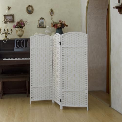 Pawlabay Compact 3 Panel Short Room Divider, 47.2 Inch Tall Double-Sided Rattan Folding Screen for Home & Office,White PawlaBay