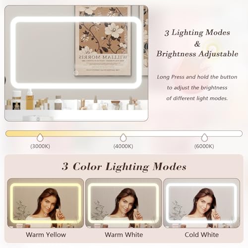 L-Shaped Corner Vanity Desk with LED Lighted Mirror & Charging Station, White Makeup Vanity with 6 Drawers & Sliding RGB Cabinet, Large Farmhouse Dressing Table with Open Storage Shelves for Women CSZZD