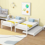 Twin Over Twin Bunk Bed with Trundle, Convertible into Two Twin Platform Beds, Wood Bed Frame with Ladder & Safety Guardrails, Space-Saving Design for Kids & Guests, No Box Spring Needed (White) XEPAMU