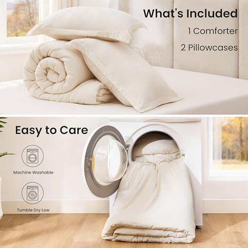 Love's cabin Beige King Size Comforter Set, 3-Piece Prewashed Bed Set with 1 Comforter (104 x 90 in) & 2 Pillowcases, Lightweight & Breathable for All Seasons Love's cabin