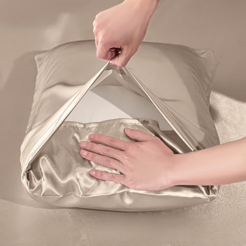VACVELT 3-Piece Satin Fitted Sheet Set Queen Size, Beige Bottom Bed Sheet with 2 Pillowcases, Similar to Silk Sheets, Luxury & Silky Bedding Set, 15 Inch Deep Pocket VACVELT