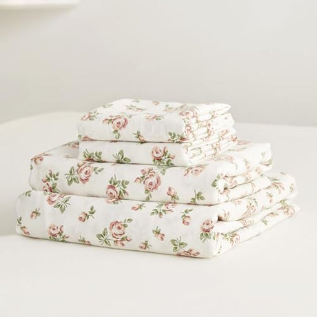Wake In Cloud - Floral Bed Sheets, 4-Piece Sheet Set, Shabby Chic Flower Rose Pattern Printed Coquette Cottagecore Vintage Aesthetic Bedding, Deep Pocket, Light Beige, Queen Size Wake In Cloud