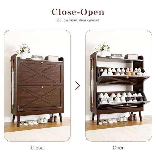 Wanfuder Shoe Storage Cabinet with 2 Flip Drawers & Adjustable Shelves,Narrow Shoe Cabinet Storage with Doors Side Hooks Wooden Shoe Rack Cabinet for Entryway,Hallway,Rustic Brown Wanfuder