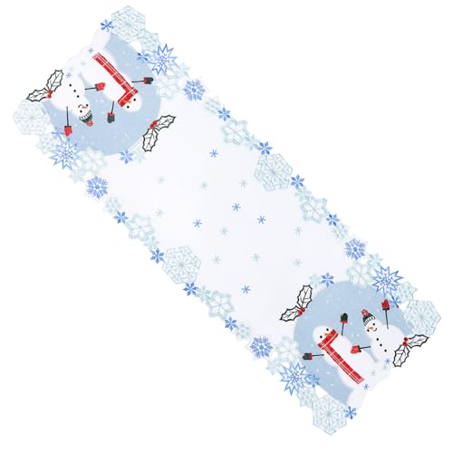 Christmas Table Runner 36 inches Long Snowman Snowflake Blue White Embroidered Dinning Table Decorations Winter Holiday Xmas YINFUNG