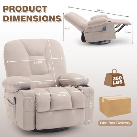 REFICCER Rocker Recliner Chair with Massage and Heat, Oversized Rocking Nursery Recliners Overstuffed Swivel Glider with Cup Holder, Fabric Manual Single Sofa for Living Room, Beige REFICCER