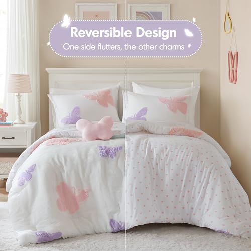 Intelligent Design Kids Rio Full/Queen Comforter Set – Girls’ Reversible Tufted Chenille Bedding with Pastel Purple Butterflies and Pink Dot, 4pcs Intelligent Design