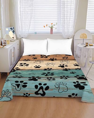 Top Sheet King Bedding Flat Sheet Only, Animal Dog Paw Print Farm Teal Wood Board Microfiber Bed Sheets Soft Breathable Bedding Flat Sheets, Country Wooden Grain Hotel Luxury Top Sheets Chees D Zone