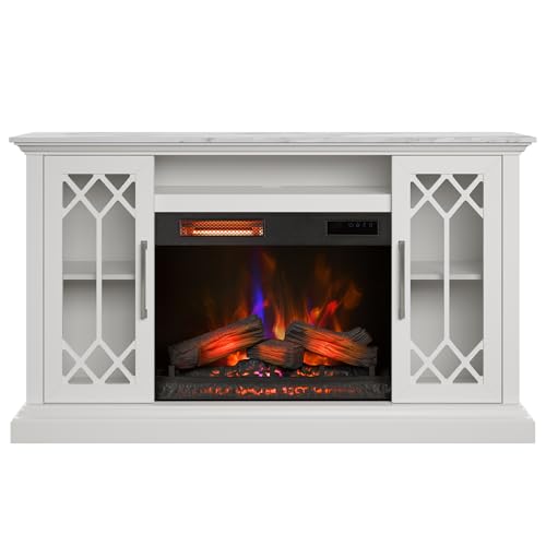 duraflame® Electric Fireplace Farmhouse Media Console for 65 Inch TVs with Glass Doors, Bright White Duraflame
