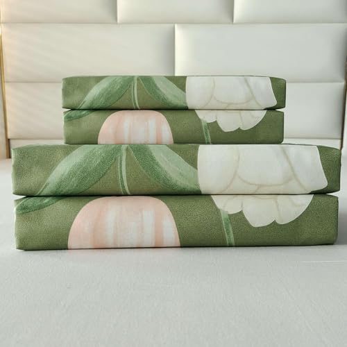 SDIII Green Floral Twin Bed Fitted Sheet with 2 Pillowcases, Not Including Flat Sheet, Soft Microfiber Rabbit and Floral Bed Fitted Sheets Twin Size SDIII