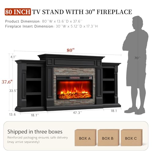 80" Fireplace TV Stand, Electric Fireplace with Mantel for TVs Up to 90 Inch, Modern Entertainment Center with Storage, Realistic Stacked Stone Surround with 30'' Fireplace for Living Room, Black HolliWill