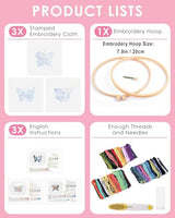FREFTA 3 Pack Butterfly Embroidery kit for Beginners to Advanced, Floral Hand Embroidery & Cross Stitch mini Tool Kit with Stamped Patterns, Hoop, Threads & Needles, DIY Starter Kit with Instructions