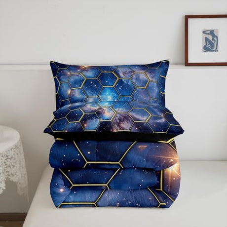 Abstract Honeycomb Kids Comforter Set Twin Size,Glitter Stars Galaxy Outer Space Bedding Set,Boys Girls Room Decor,Geometric Minimalist Hexagon Down Comforter,Blue Duvet Insert,1 Pillowcase Manfei