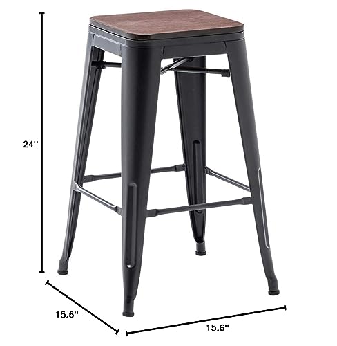 Alunaune 24" Metal Bar Stools Set of 4 Stackable Counter Height Barstools Backless Industrial Kitchen Bar Chairs with Wooden Seat-Matte Black Alunaune