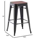 Alunaune 24" Metal Bar Stools Set of 4 Stackable Counter Height Barstools Backless Industrial Kitchen Bar Chairs with Wooden Seat-Matte Black Alunaune
