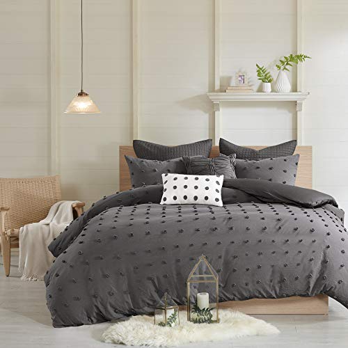 Intelligent Design Cotton Comforter Set - Jacquard Tufts Pompom Design All Season Bedding, Matching Shams, Decorative Pillows, King/California King (104 in x 92 in), Charcoal 7 Piece Intelligent Design