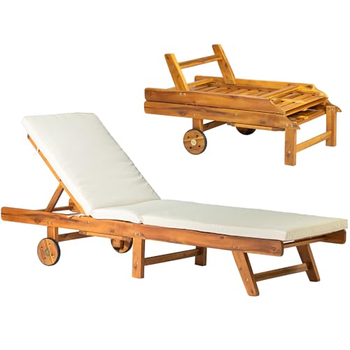 Panana Acacia Wood Chaise Lounge Patio Outdoor Folding Lounge Chair Recliner Portable Sun Lounger with Adjustable Backrest, Wheels, Cushion for Garden Poolside Deck