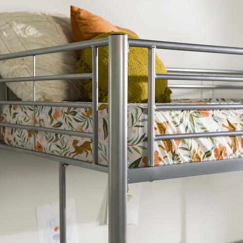 Walker Edison Silver Metal Twin over Loft Bunk Bed Twin Size Bedframe with Ladder