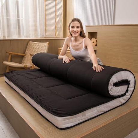 MAXYOYO Futon Mattress, Padded Japanese Floor Mattress Quilted Bed Mattress Topper, Extra Thick Folding Sleeping Pad Breathable Floor Lounger Guest Bed for Camping Couch, Black, Full Size MAXYOYO