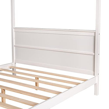 Favfurish Queen Size 4-Post Canopy Platform Bed with Headboard and Support Legs,Solid Wood Bed-Frame for Kids Teens Adults, No Box Spring Needed,Easy Assembly,White