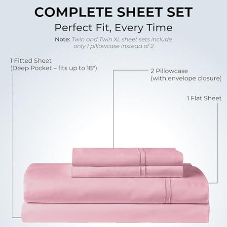 Mayil Manor 100% Natural Cotton Sheets Queen Size Bed Set | 500 TC Single-Ply Sateen Weave | Soft, Breathable, Hypoallergenic Solid 4-Piece Bedding with Deep Pocket Fitted, Flat, Pillowcase | Blush Mayil Manor