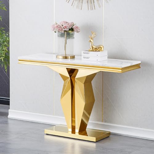 Henf Faux Marble Console Table Luxury White Marble Entryway Table with Gold Mirrored Stainless Steel Base, Elegant Accent Sofa Table for Living Room, Hallway, Foyer, Corridor (Gold & White) Henf