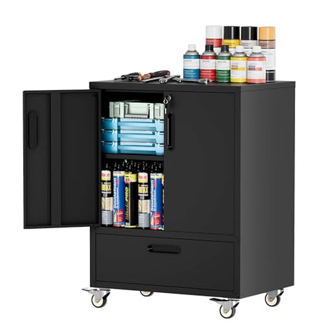 OPTYMIRA Metal Tool Storage Cabinet with Wheels,Black Heavy Duty Mobile Rolling Tool Cabinets for Garage,Metal Storage Cabinets with 2 Locking Doors and 1 Drawer,Assembly Required OPTYMIRA