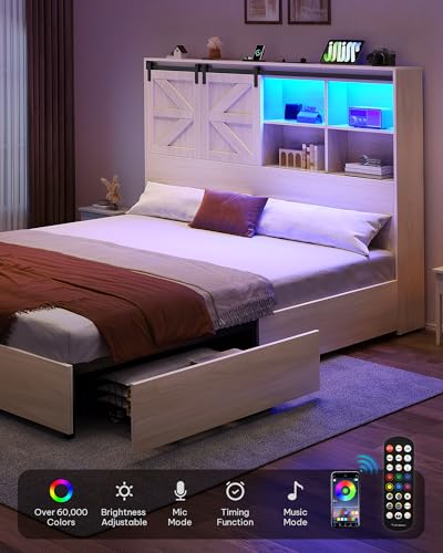 YITAHOME Farmhouse Queen Size Bed Frame with Storage Bookcase Headboard, Sliding Barn Door, 4 Storage Drawers, RGB LED Bed Frame with USB Charging Station, No Box Spring Needed, Antique White - WoodArtSupply