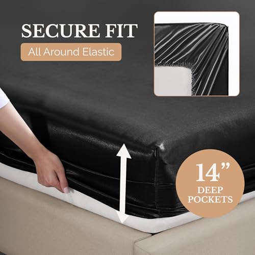 Casa Platino Queen Satin Sheets - Lightweight & Cooling Satin Bed Sheets Queen, with a 15 Inch Deep Pocket Fitted Sheet, Frizz Reducing Fabric, Machine Washable, Retains Shine After Wash - Black Casa Platino
