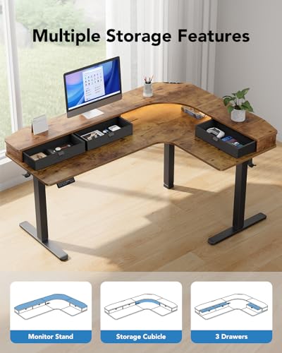 HUANUO 65″ L-Shaped Standing Desk with Power Outlets & LED Strip, Support C-Clamp Mount, Electric Height Adjustable Corner Computer Desk with 3 Drawers, Sit Stand Up Desk with Large Power Strip Holder HUANUO