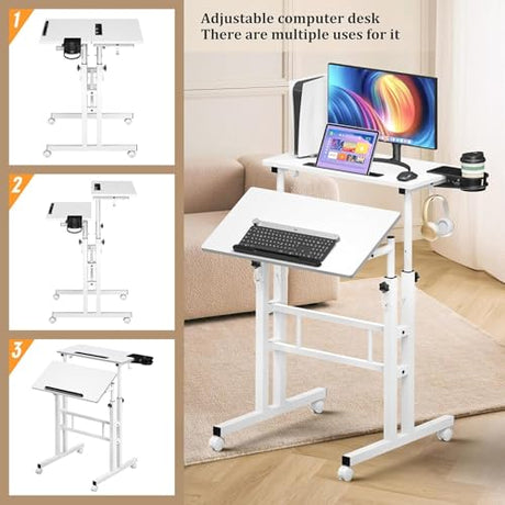Simple Deluxe Split Top Rotating Standing Desk on Wheels – 23.6" Manual Adjustable Height Mobile Laptop Computer Table – Sit Stand Rolling Workstation with Tilt Function – White Simple Deluxe