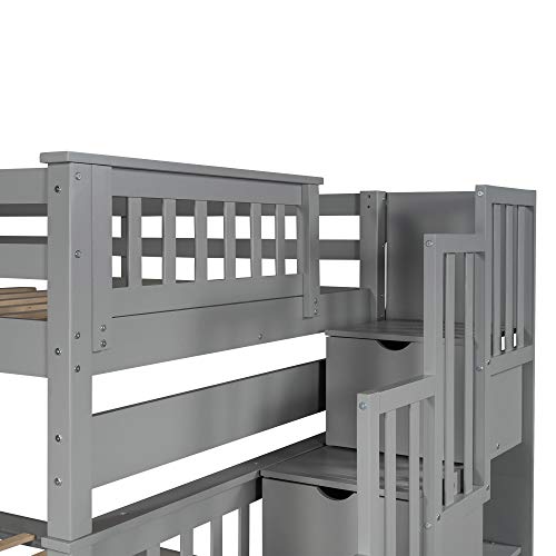 MERITLINE Solid Wood Bunk Bed with Staircase Storage, Full Over Full Bunk Bed with Drawers for Kids, Teens & Adults, Space Saving Design (Gray) MERITLINE