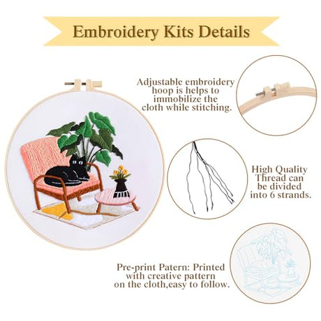LOMOHOO 4 Sets Cat Embroidery Kit for Beginners, Cute Cat Pattern, Starter Craft DIY Embroidery Sets (Black Cat) LOMOHOO