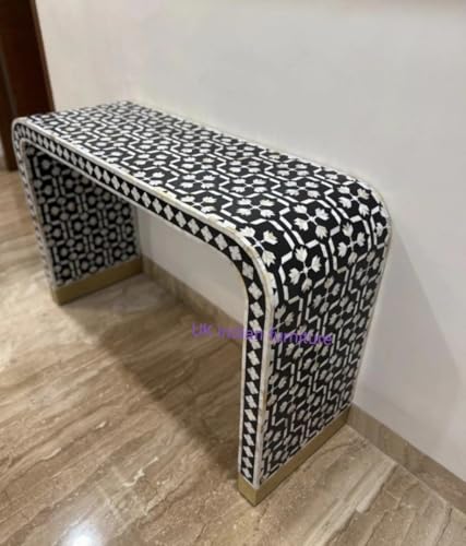 Black and White Geometric Pattern Mother of Pearl Inlay Console Table, Modern Entryway Accent Furniture with Gold Base Generic