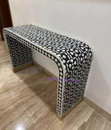 Black and White Geometric Pattern Mother of Pearl Inlay Console Table, Modern Entryway Accent Furniture with Gold Base Generic