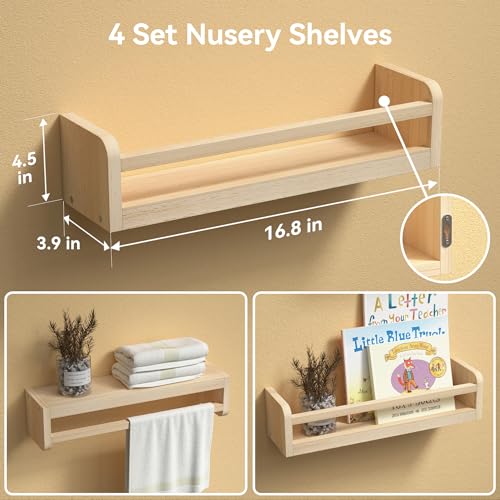 Boswillon Handcrafted Dual-Guard Floating Shelves Set of 4 in Natural Wood for Nursery and Versatile Wall Storage - WoodArtSupply