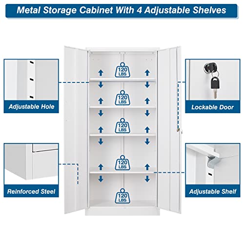 PEUKC Metal Garage Storage Cabinet, 71-inch Tall Storage Cabinet with Adjustable Shelves & Locking Doors, Tool Cabinets for Garage,Office,Home,School,Gym Storage (White) - WoodArtSupply